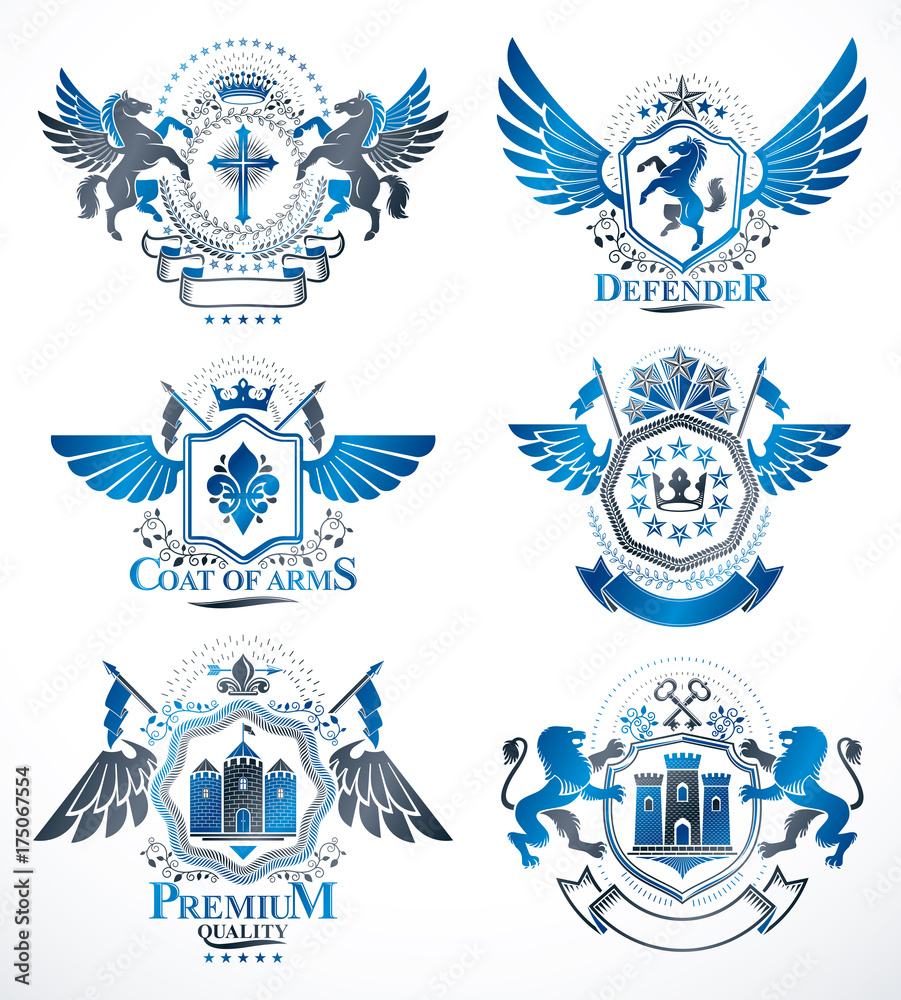 Set of luxury heraldic vector templates. Collection of vector symbolic blazons made using graphic elements, royal crowns, medieval castles, armory and religious crosses. Set of luxury heraldic vector templates. Collection of vector symbolic blazons made using graphic elements, royal crowns, medieval castles, armory and religious crosses.