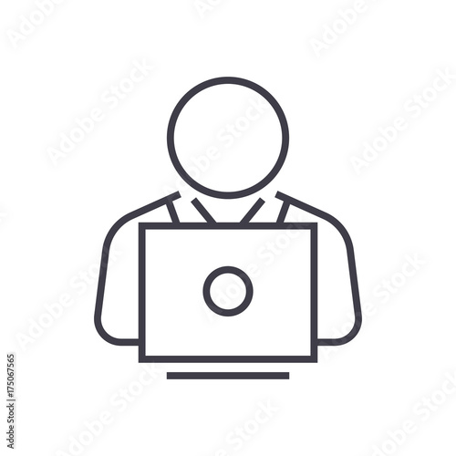 user working on laptop vector line icon, sign, illustration on white background, editable strokes