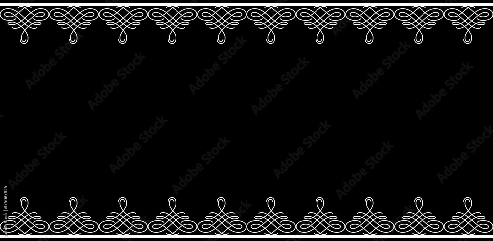 Backdrop with borders in calligraphic retro style in white color isolated on black background.