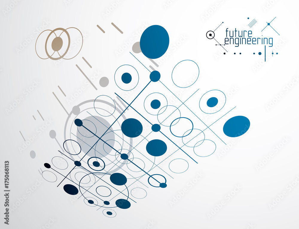 Mechanical scheme, vector engineering drawing with circles and geometric parts of mechanism. Technical plan can be used in web design and as wallpaper or background. Mechanical scheme, vector engineering drawing with circles and geometric parts of mechanism. Technical plan can be used in web design and as wallpaper or background.