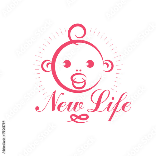 Cute smiling child face vector emblem. Innocent tiny firstborn illustration, childcare concept. Neonatal care center conceptual symbol