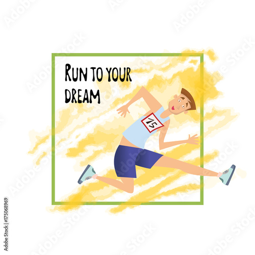 Running person. Young man jumping over the barrier. Template of poster for runners club. Vector illustration, isolated on white background.