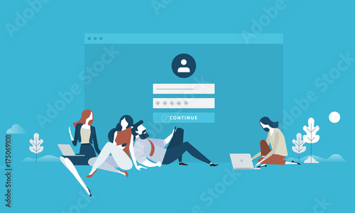 Login. Flat design business people concept for login form, internet security, user account, register page. Vector illustration concept for web banner, business presentation, advertising material.