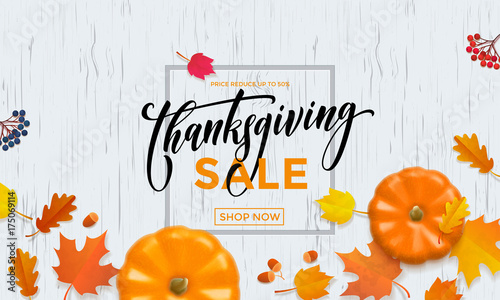 Thanksgiving sale shop poster or autumnal fall shopping promo web banner template of pumpkin, autumn maple or oak leaf. Vector calligraphy design for Thanksgiving sale 50 percent discount store