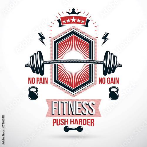 Weight-lifting exercise room vector symbol, barbell composed using kettle bell and dumbbell sport equipment.