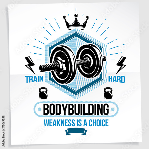Weight-lifting vector motivation poster composed using disc weight dumbbell and kettle bell sport equipment. Weakness is a choice lettering.