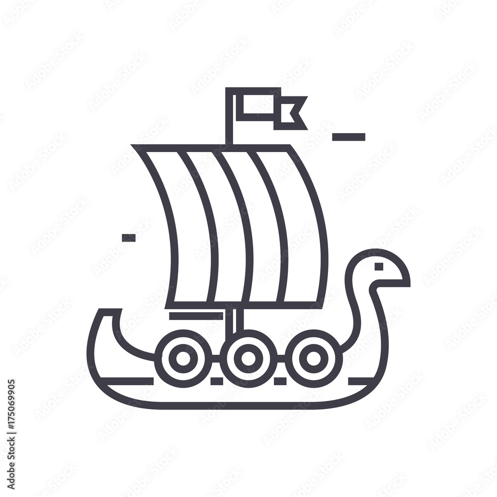 wooden viking ship vector line icon, sign, illustration on white  background, editable strokes Stock Vector | Adobe Stock