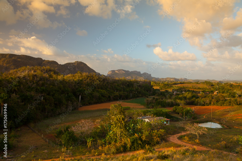 Famous Cuba farmland tobacco area at sunset, Valley de Vinales,Cuba.