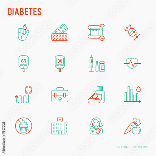 Diabetes thin line icons set of symptoms and prevention care. Vector illustration for medical survey or report.