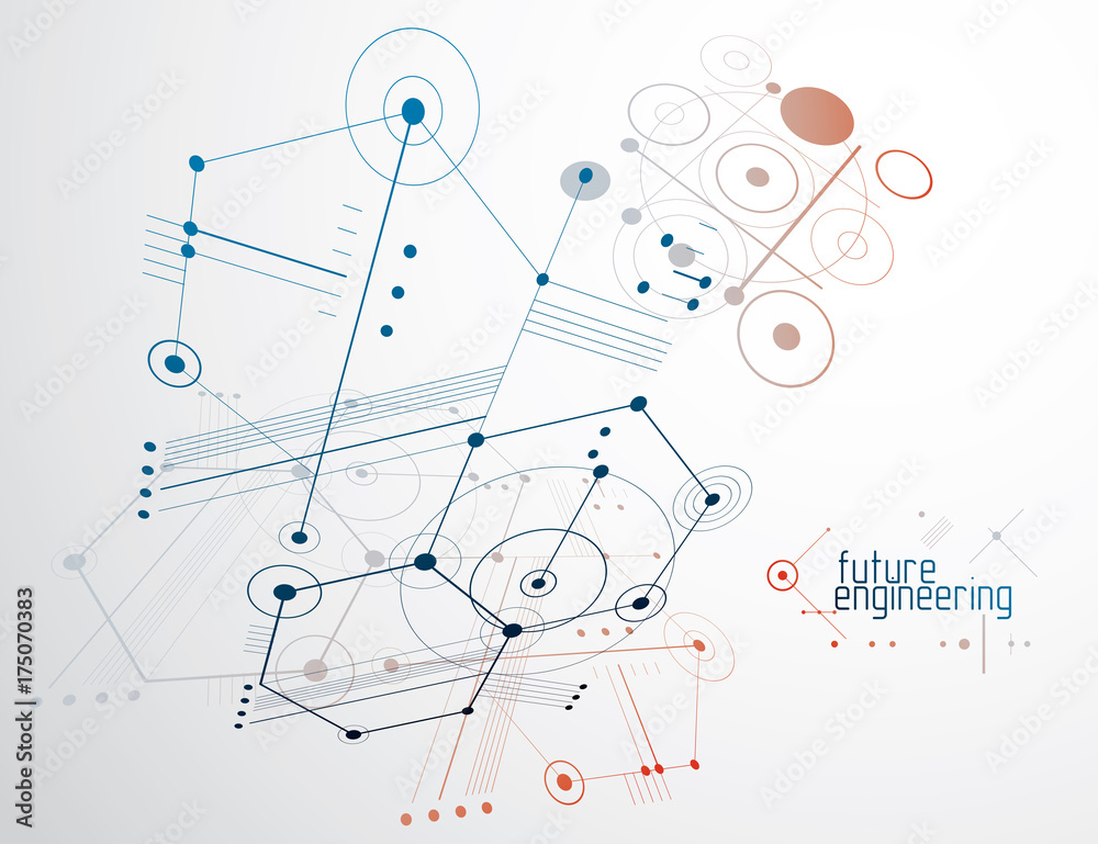 Technical plan, abstract engineering draft for use in graphic and web design. Vector drawing of industrial system created with hexagons, lines and circles.