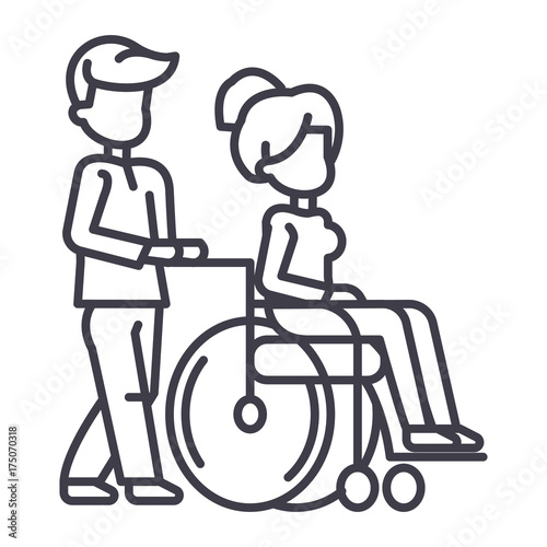 young man strolling with young woman in wheelchair,nursing care for disabled people vector line icon, sign, illustration on white background, editable strokes