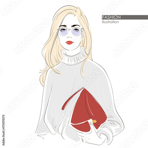 Girl with blonde long hair in round glasses. Hipster cute fashion girl in sketchy style. Vector hand drawn illustration.