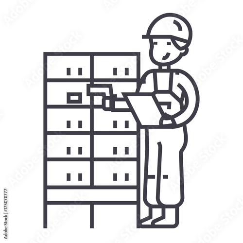 warehouse,delivery man checking barcode on post boxes vector line icon, sign, illustration on white background, editable strokes