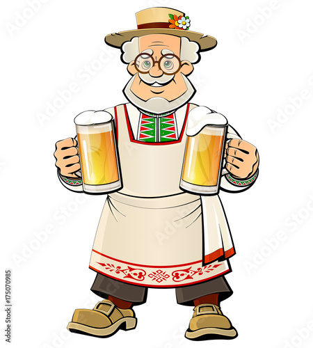 Old brewer with a light beer in glass mugs.