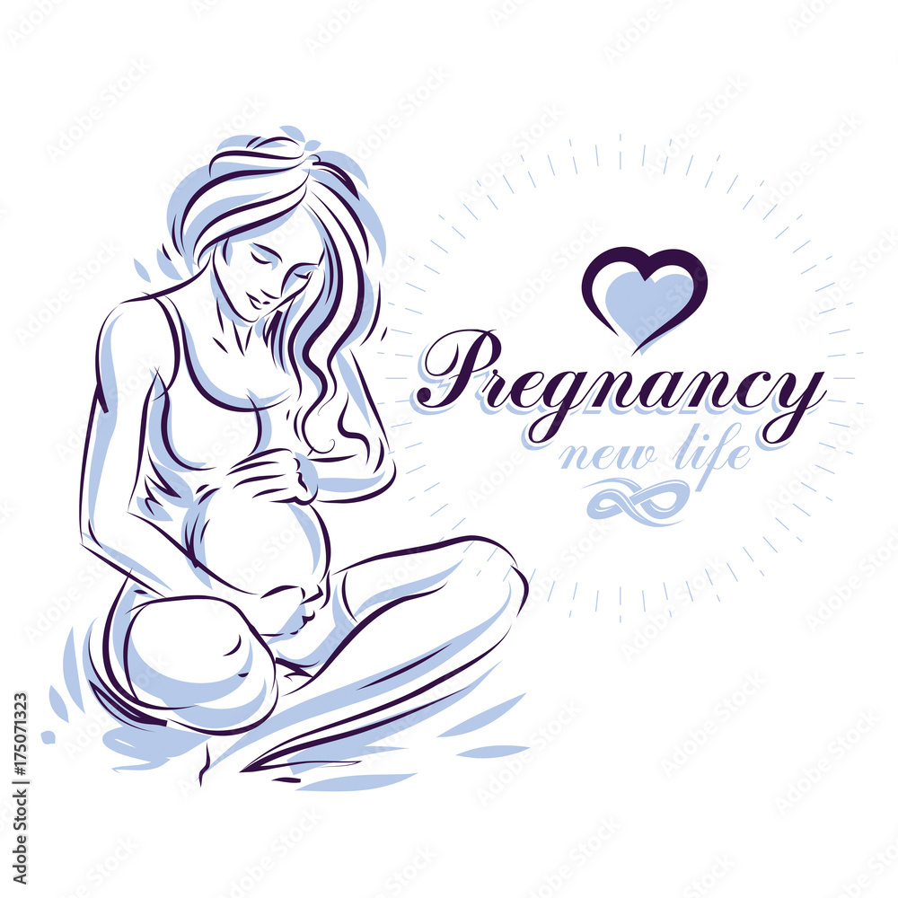 Elegant pregnant woman body silhouette drawing. Vector illustration of mother-to-be fondles her belly. Maternity ward marketing poster Elegant pregnant woman body silhouette drawing. Vector illustration of mother-to-be fondles her belly. Maternity ward marketing poster