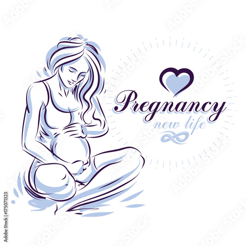 Elegant pregnant woman body silhouette drawing. Vector illustration of mother-to-be fondles her belly. Maternity ward marketing poster