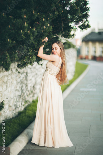 Attractive young woman with long dress enjoying her time outside in park sunset background