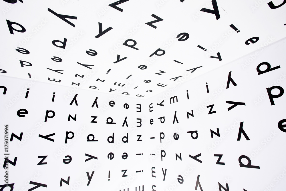 Many english letters inside room of library or school with alphabet symbols on wall and ceiling. Concept of knowledge and education Many english letters inside room of library or school with alphabet symbols on wall and ceiling. Concept of knowledge and education