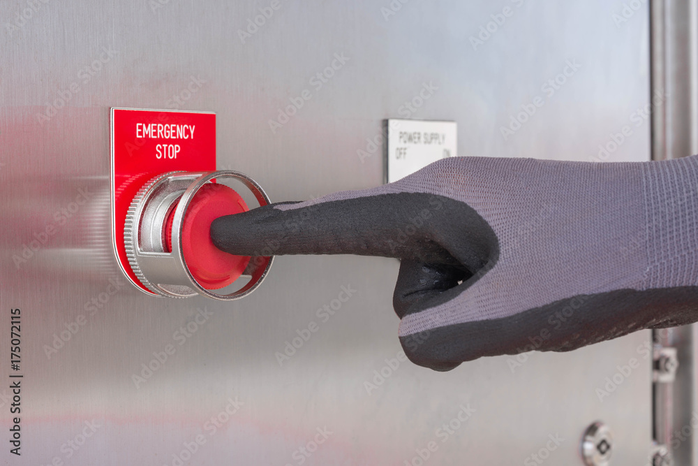 Technician operator push the emergency push button switch to stop compressor engine - obrazy, fototapety, plakaty 