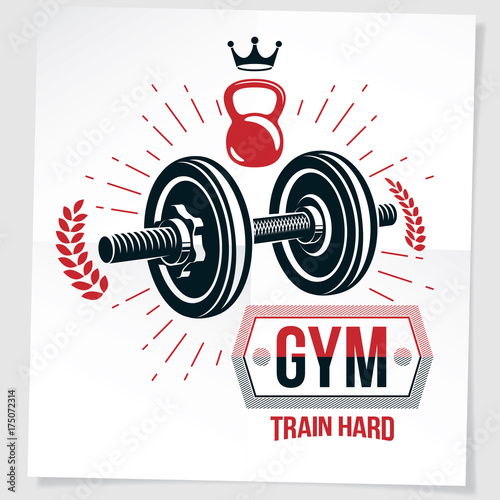Weight-lifting championship vector promotion flyer created with disc weight dumbbell, kettle-bell sport equipment and royal crown. Train hard lettering.