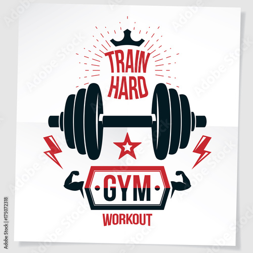 Bodybuilding championship vector advertising leaflet created with disc weight dumbbell and royal crown. Train hard lettering.