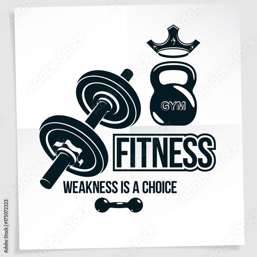 Weight-lifting vector motivation poster composed using disc weight dumbbell and kettle bell sport equipment. Weakness is a choice lettering.