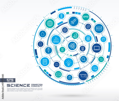 Abstract science technology background. Digital connect system with integrated circles, glowing thin line icons. Network system group, interface concept. Vector future infographic illustration