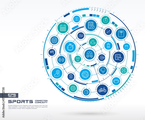 Abstract Sport and fitness background. Digital connect system with integrated circles, glowing thin line icons. Network system group, interface concept. Vector future infographic illustration