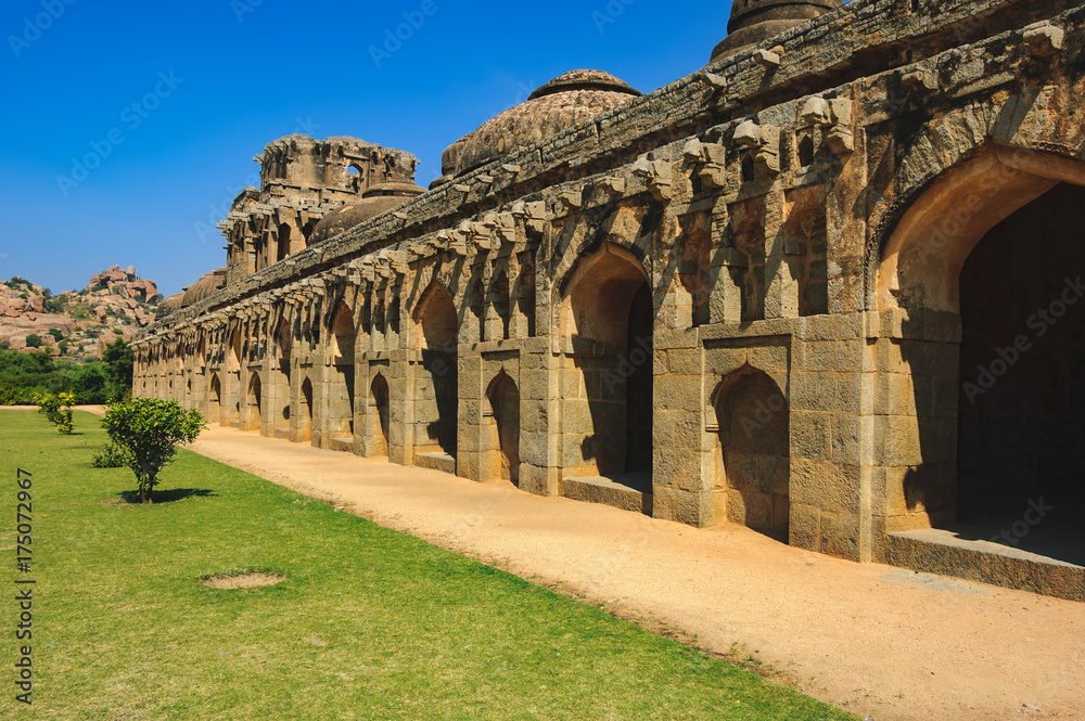 Ancient ruins in Hampi, Karnataka, India. Elephant Stables in Royal Centre, is located in the area that lies just outside the Zenana Enclosure.