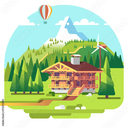Ski resort mountain landscape with lodge and spruce trees on background. Summer vacation. Flat vector illustration.