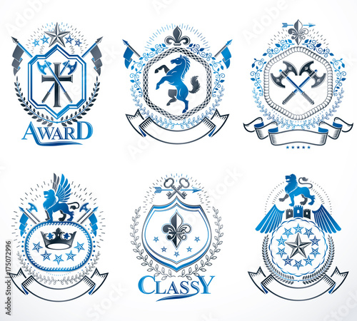 Set of luxury heraldic vector templates. Collection of vector symbolic blazons made using graphic elements  royal crowns  medieval castles  armory and religious crosses.