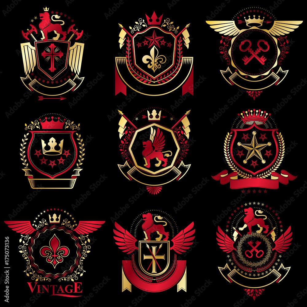 Collection of vector heraldic decorative coat of arms isolated on white and created using vintage design elements, monarch crowns, pentagonal stars, armory, wild animals. Collection of vector heraldic decorative coat of arms isolated on white and created using vintage design elements, monarch crowns, pentagonal stars, armory, wild animals.