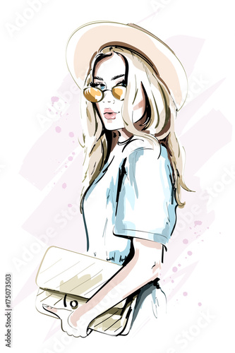 Beautiful young woman in hat. Fashion lady in sunglasses. Stylish woman portrait. Sketch. Vector illustration.
