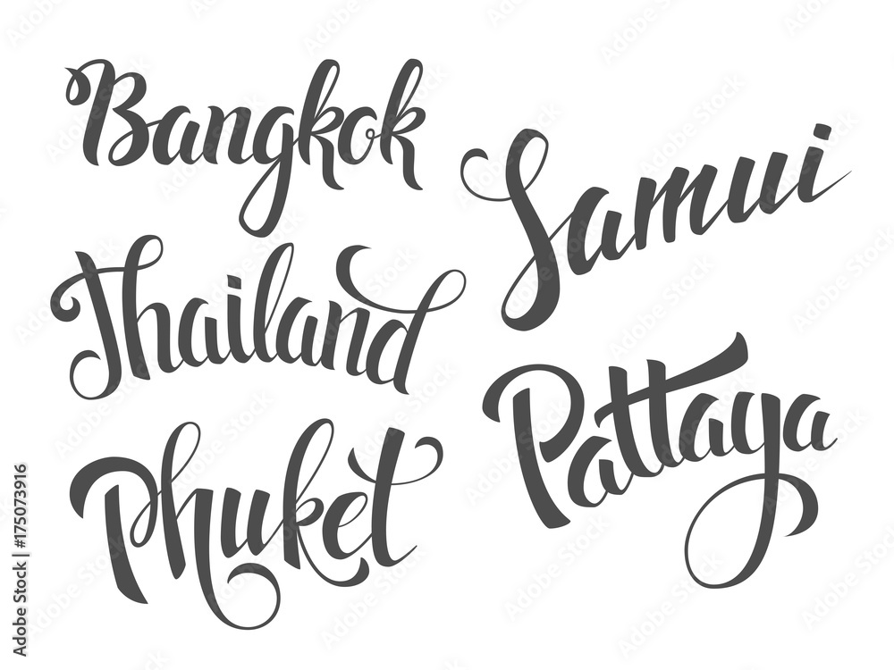 Obraz premium Thailand lettering. Set of vector hand drawn names of famous thai places. Phuket, Pattaya, Samui, Bangkok.