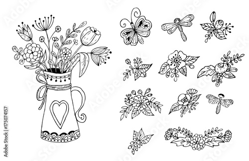 Bouquet of flowers in the vase. Floral elements on a white background.