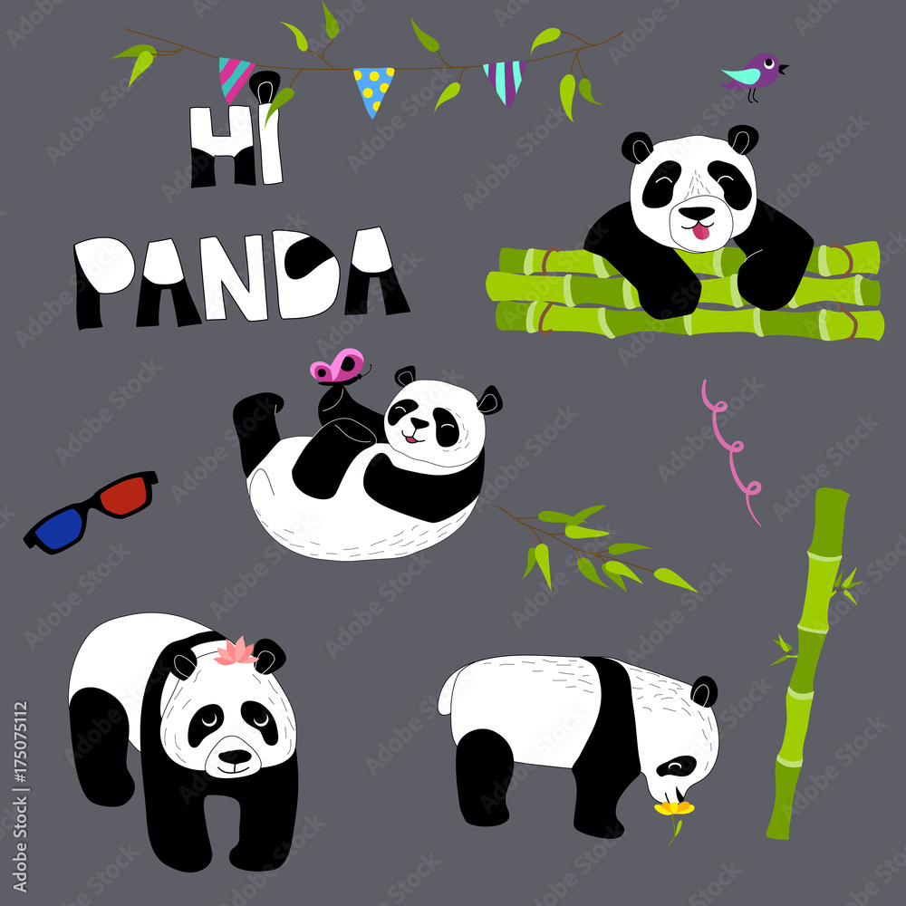 Fototapeta premium Cute and funny panda with accessories set. Doodle hand drawn style.