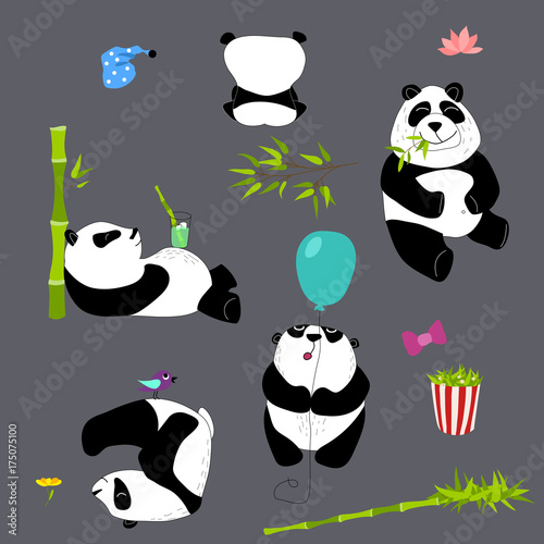 Fototapeta Naklejka Na Ścianę i Meble -  Cute and funny panda with accessories set. Doodle hand drawn style.