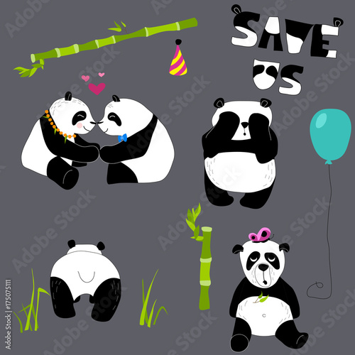 Fototapeta Naklejka Na Ścianę i Meble -  Cute and funny panda with accessories set. Doodle hand drawn style.