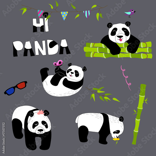 Fototapeta Naklejka Na Ścianę i Meble -  Cute and funny panda with accessories set. Doodle hand drawn style.