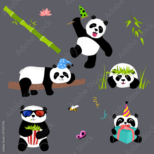 Cute and funny panda with accessories set. Doodle hand drawn style.