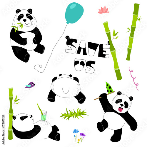 Fototapeta Naklejka Na Ścianę i Meble -  Cute and funny panda with accessories set. Doodle hand drawn style.