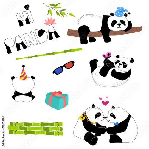 Fototapeta Naklejka Na Ścianę i Meble -  Cute and funny panda with accessories set. Doodle hand drawn style.