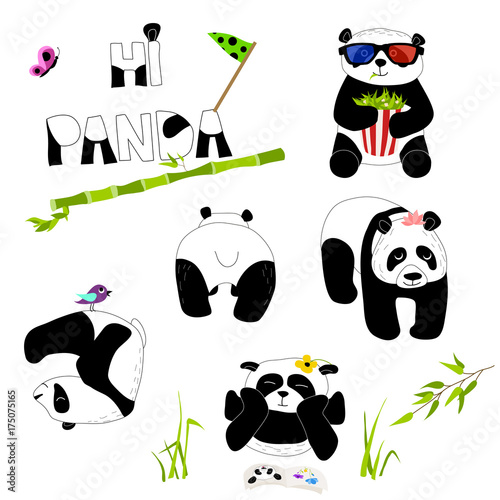 Fototapeta Naklejka Na Ścianę i Meble -  Cute and funny panda with accessories set. Doodle hand drawn style.