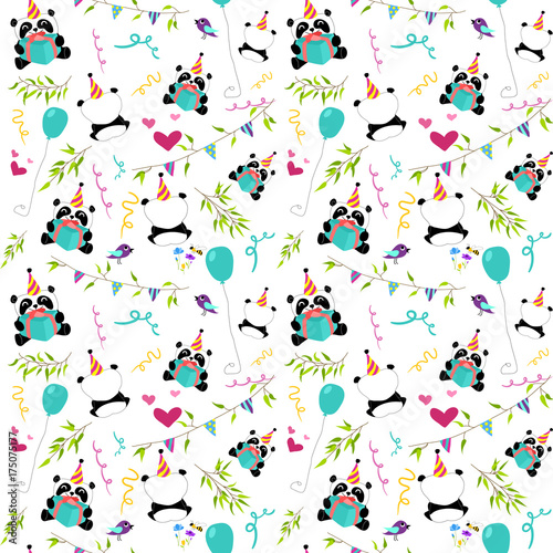 Fototapeta Naklejka Na Ścianę i Meble -  Cute panda celebrates Birthday. White background. Seamless pattern.
