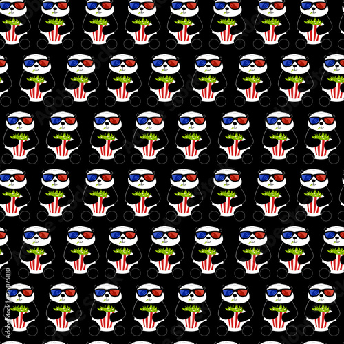 Fototapeta Naklejka Na Ścianę i Meble -  Cute panda watches cinema with 3d glasses and popcorn. Black background. Seamless pattern.