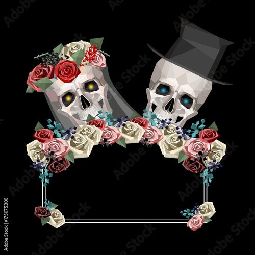 Two newlywed skulls in low poly style. Woman with wreath and veil. Man with black top hat.