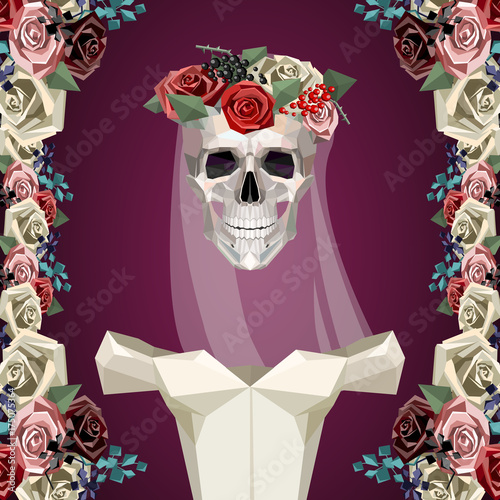 Skeleton of bride with white dress, flower wreath and veil in low poly style.