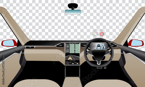 Interior of self driving car with navigation, main and head up displays. Vector illustration