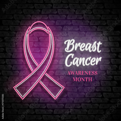 Breast Cancer Awareness Month Emblem, Pink Ribbon Symbol. Neon Lamp Glow Stylization on Black Brick Wall. Template for Banner, Poster, Invitation, Flyer with Inscription. Vector 3d Illustration