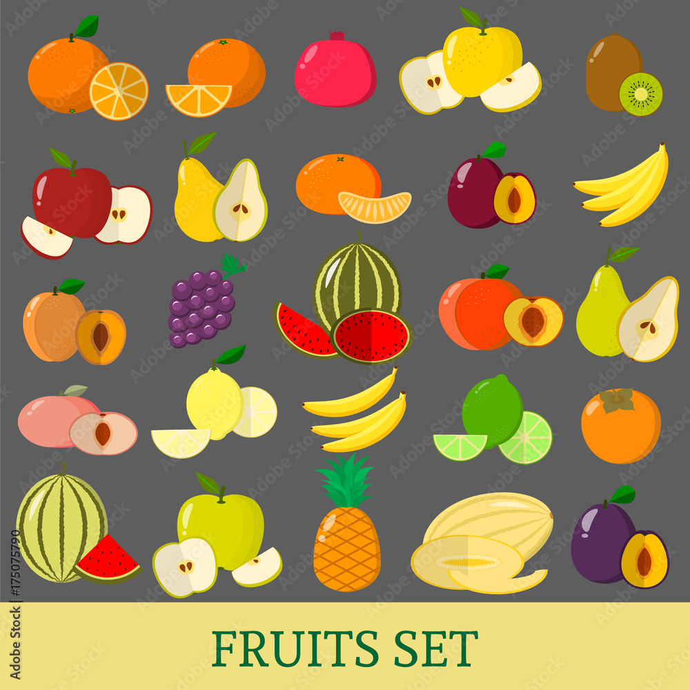 A set of fresh fruits illustrations on a dark background. A set of fresh fruits illustrations on a dark background.